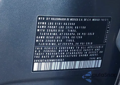 2022 Volkswagen Tiguan 2.0T Se from USA, damaged, VIN 3VV3B7AXXNM026557